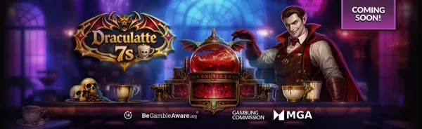 Arte oficial de la tragamonedas Draculatte 7's de Revolver Gaming, con Drácula como barista de café