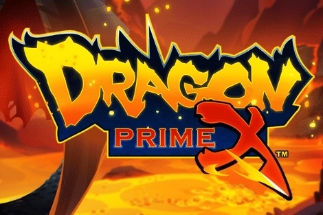 Arte oficial de la tragamonedas Dragon PrimeX de Wishbone, con dragón, barras de oro y cofres del tesoro en un escenario volcánico