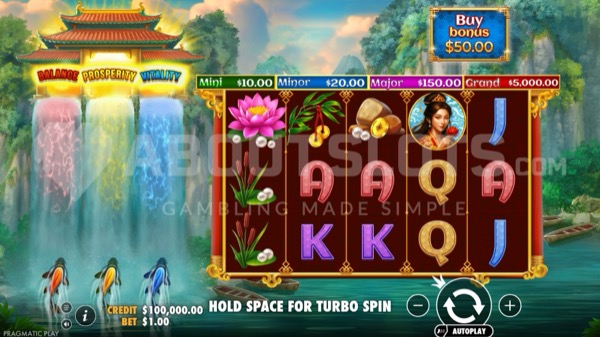 Pantalla de la tragamonedas Dragon's Gate - Bonus Choice, con un paisaje chino tradicional, cascadas y símbolos de dinero dorado