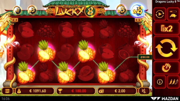 Dragones dorados y el símbolo del número 8 en los rodillos de la tragamonedas Dragons Lucky 8