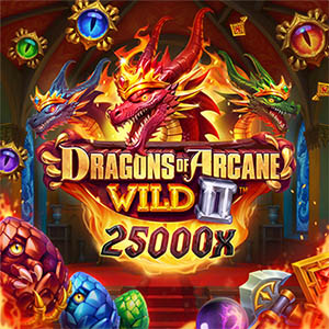 Pantalla de la tragamonedas Dragons of Arcane Wild II de Foxium, con un salón custodiado por dragones, vitrales y esculturas doradas en cuadrícula 5x4