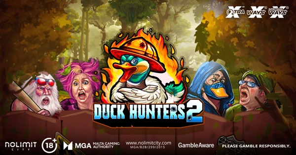 Pantalla de la tragamonedas Duck Hunters 2 de Nolimit City, con personajes cazadores armados y patos en la cuadrícula 6x6