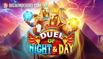 Arte oficial de la tragamonedas Duel of Night & Day de Pragmatic Play, con una deidad solar dorada y una deidad lunar azul enfrentadas sobre fondo egipcio