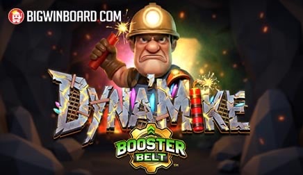 Arte oficial de la tragamonedas Dyna'Mike BoosterBelt, con el minero Mike y criaturas de fruta (Frutizens) en una cueva de neón con bandas transportadoras