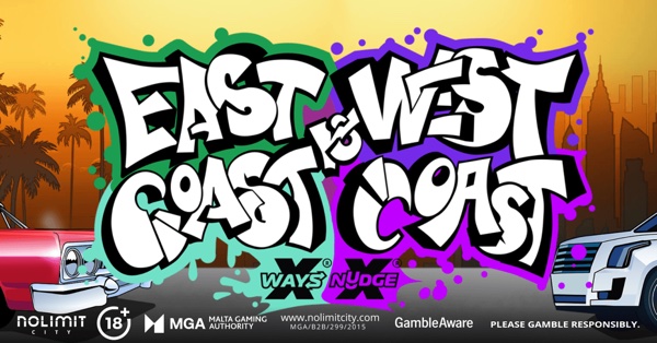 Arte oficial de East Coast Vs West Coast de Nolimit City, con autos rebajados y grafiti que remiten a la rivalidad del hip-hop de los años 90