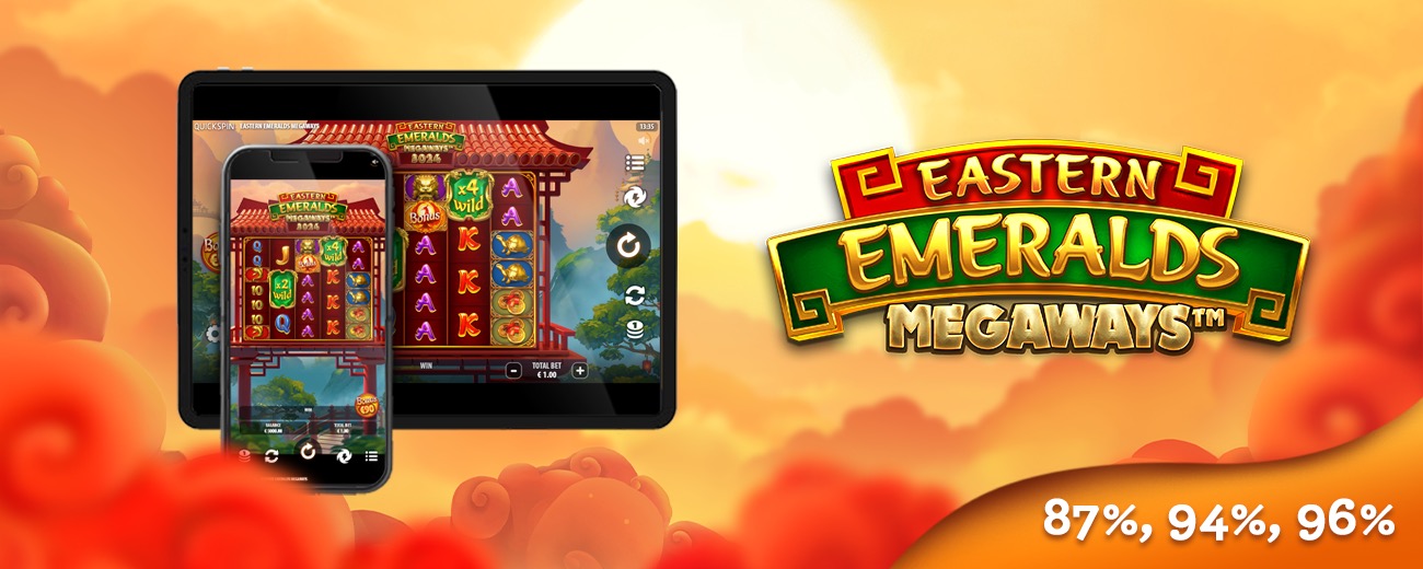 Templos y montañas asiáticas con símbolos de esmeralda en la tragamonedas Eastern Emeralds Megaways de Quickspin