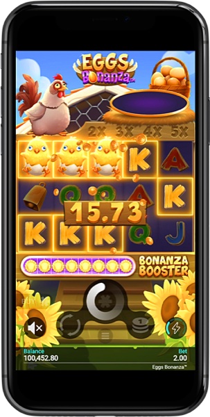Arte oficial de la tragamonedas Eggs Bonanza de Snowborn Games, con gallina y huevos dorados