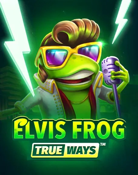 Arte oficial de la tragamonedas Elvis Frog Trueways de BGaming, con la rana estilo Elvis sobre un escenario de Las Vegas