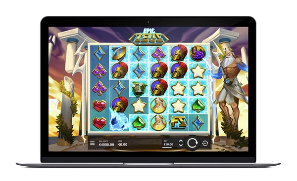 Arte oficial de la tragamonedas Epic Ze Zeus de Hacksaw Gaming, con Zeus y símbolos divinos dorados