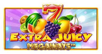 Arte oficial de la tragamonedas Extra Juicy Megaways de Pragmatic Play, con frutas coloridas y cuadrícula Megaways