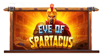 Pantalla de la tragamonedas Eye of Spartacus con un guerrero romano dorado en una arena de piedra bajo un cielo tormentoso, rodeado de símbolos con emblema de león