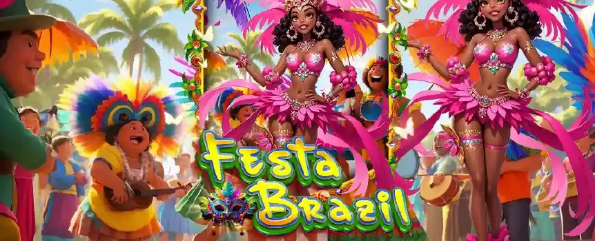 Pantalla de la tragamonedas Festa Brazil con bailarinas de Carnaval, máscaras y marco de rodillos dorado