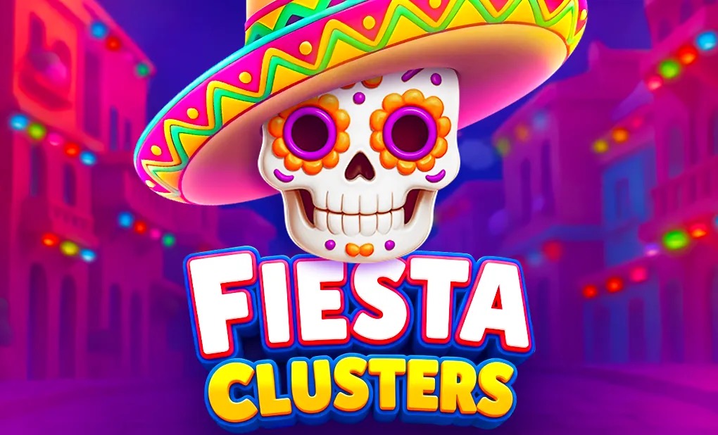 Arte oficial de la tragamonedas Fiesta Clusters de BGaming, con símbolos de fiesta mexicana y calaveras de azúcar sobre la cuadrícula 7x7