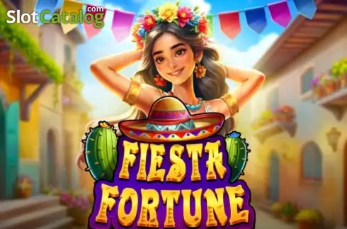 Arte oficial de la tragamonedas Fiesta Fortune de Pragmatic Play, con una calle decorada con papel picado, cactus y símbolos de dinero