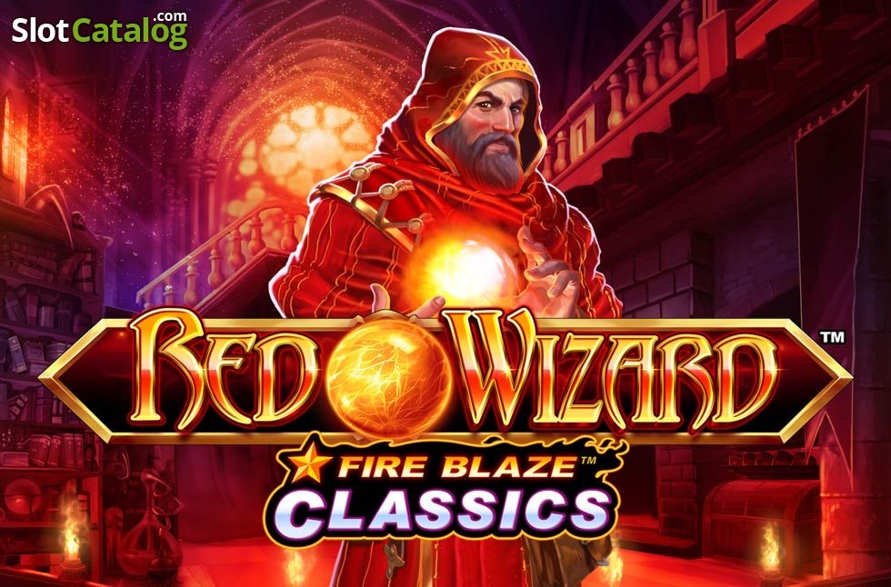 Pantalla de la tragamonedas Fire Blaze Jackpot: Red Wizard, con un mago rojo, calderos y libros de hechizos sobre un bosque de fantasía oscura