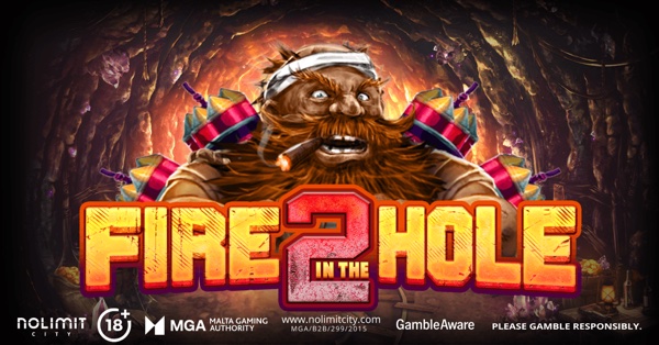 Arte oficial de la tragamonedas Fire in the Hole 2 de Nolimit City, con una mina de oro explosiva y un enano minero