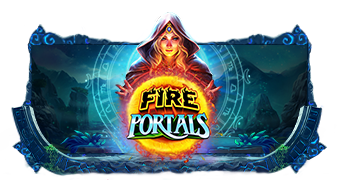 Arte oficial de Fire Portals de Pragmatic Play, mostrando portales mágicos brillantes en un escenario montañoso nocturno