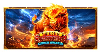 Pantalla de la tragamonedas Fire Stampede 2 de Pragmatic Play, con bisontes en llamas en estampida sobre una pradera y símbolos del sistema Connect & Collect
