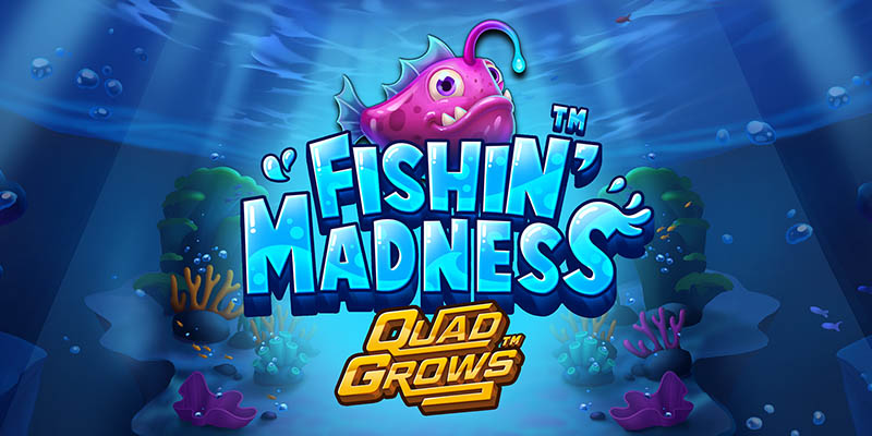 Pantalla de la tragamonedas Fishin' Madness QUADGROWS, con peces de colores, corales y minas navales en el fondo del mar