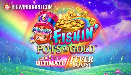 Arte de la tragamonedas Fishin Pots of Gold Gold Blitz Ultimate Fever Boost de Gameburger Studios, con peces dorados, leprechauns y ollas de oro en temática irlandesa