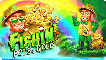 Arte oficial de la tragamonedas Fishin Pots Of Gold de Gameburger Studios, con el leprechaun Flynn pescando junto a ollas de oro