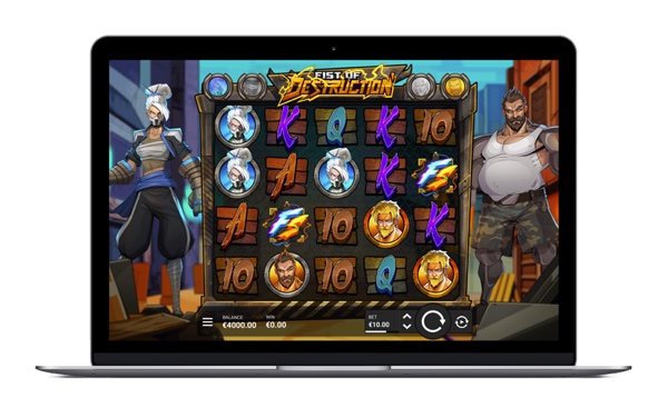 Pantalla de la tragamonedas Fist of Destruction, con los equipos de luchadores caricaturescos Rojo y Azul en confrontación