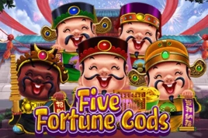 Arte oficial de la tragamonedas Five Fortune Gods de KA Gaming, con dioses de la fortuna chinos, monedas de oro y templo antiguo