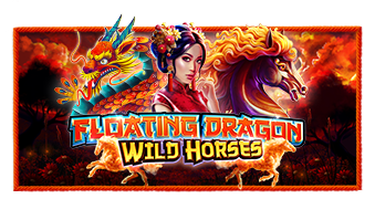 Arte oficial de la tragamonedas Floating Dragon Wild Horses de Pragmatic Play, con dragón y caballo salvaje