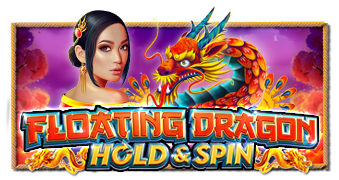 Arte oficial de la tragamonedas Floating Dragon de Pragmatic Play/Reel Kingdom, con dragón dorado sobre el agua y monedas