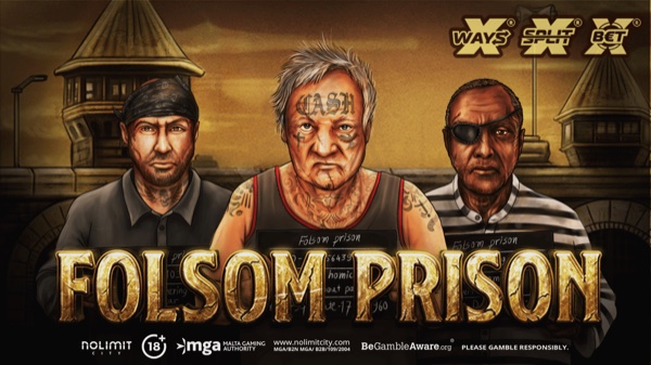 Arte oficial de la tragamonedas Folsom Prison de Nolimit City, con una prisión sombría e imágenes de cucarachas
