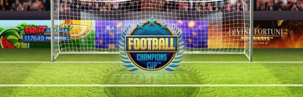 Arte oficial de la tragamonedas Football Champions Cup de NetEnt, con estadio de futbol y símbolos de campeonato