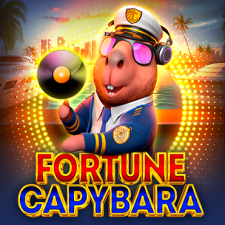 Capibara DJ tocando disco en una fiesta de playa en el juego Fortune Capybara