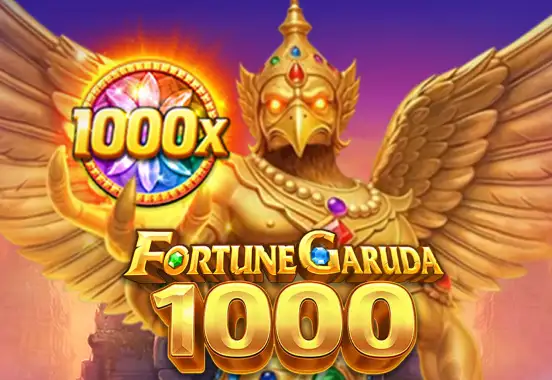 Arte oficial de Fortune Garuda 1000 de TaDa Gaming, con el ave mítica Garuda y la cuadrícula compacta con la rueda especial de multiplicadores