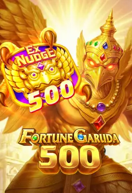 Arte oficial de Fortune Garuda 500, de TaDa Gaming, mostrando al ave mítica Garuda y la pista dorada de multiplicadores
