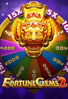 Pantalla de la tragamonedas Fortune Gems 2 de TaDa, con cuadrícula 3x3 de gemas de colores y un 4º rodillo de multiplicadores al lado
