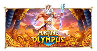 Arte oficial de Fortune of Olympus de Pragmatic Play, con Zeus entronizado sobre una montaña de tesoros en el Monte Olimpo