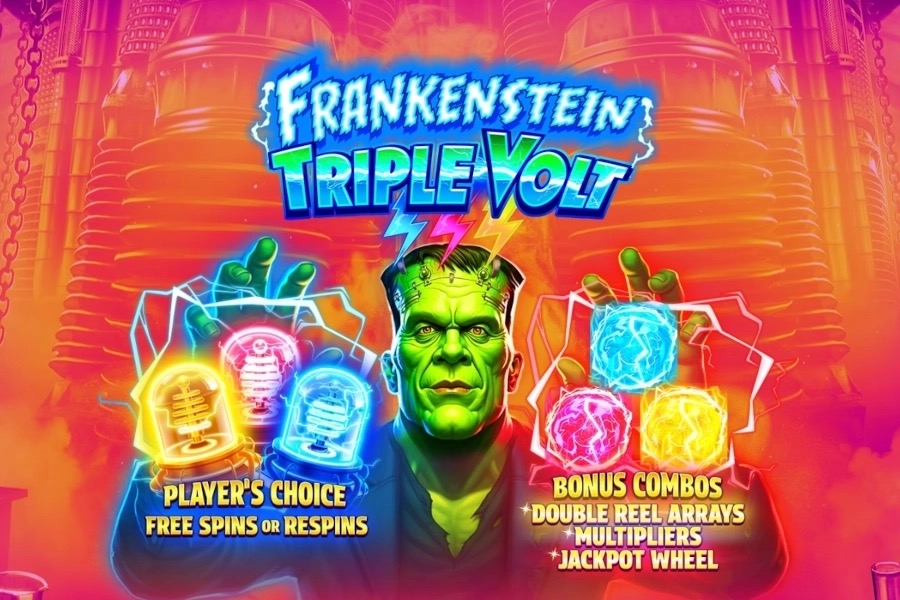 Pantalla de la tragamonedas Frankenstein Triple Volt de RubyPlay, con el Monstruo de Frankenstein, la Novia y bobinas Tesla en un laboratorio gótico