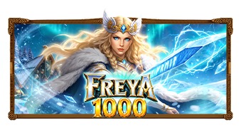 Pantalla de la tragamonedas Freya 1000 de Pragmatic Play, con la diosa nórdica Freya y símbolos de escudo sobre un paisaje helado