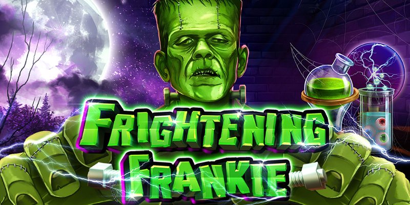 Arte oficial de la tragamonedas Frightening Frankie de Reel Kingdom, con el monstruo Frankie en un laboratorio gótico