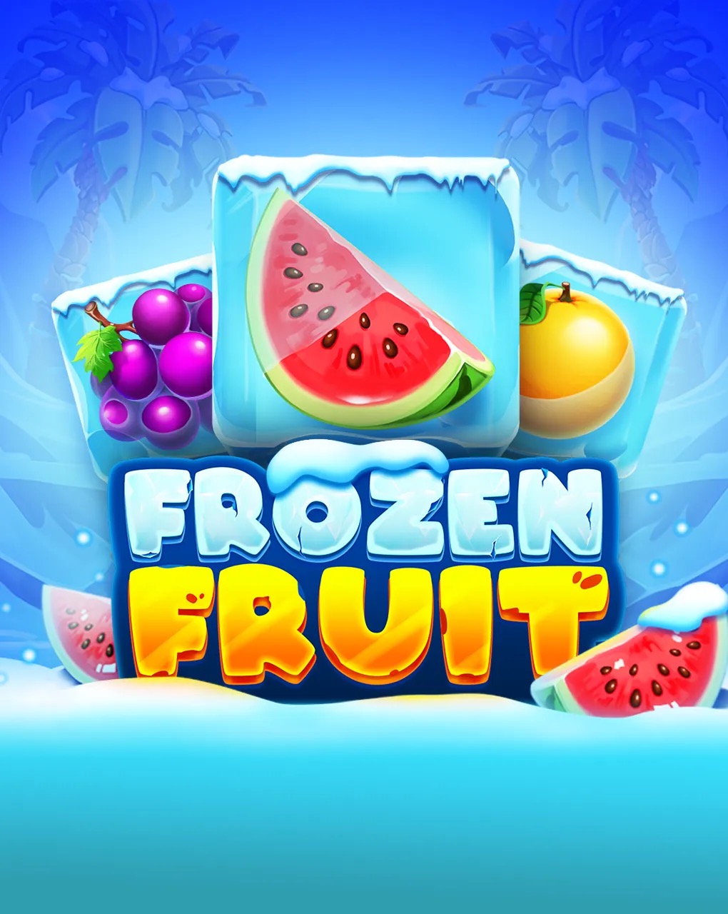 Arte oficial de la tragamonedas Frozen Fruit de BGaming, con símbolos de fruta congelada sobre fondo de hielo