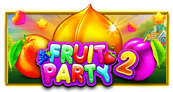 Arte oficial de la tragamonedas Fruit Party 2 de Pragmatic Play, con frutas coloridas y efecto de fiesta en fondo vibrante