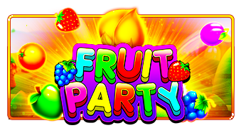 Arte oficial de la tragamonedas Fruit Party de Pragmatic Play, con frutas coloridas sobre fondo pastel de carnaval