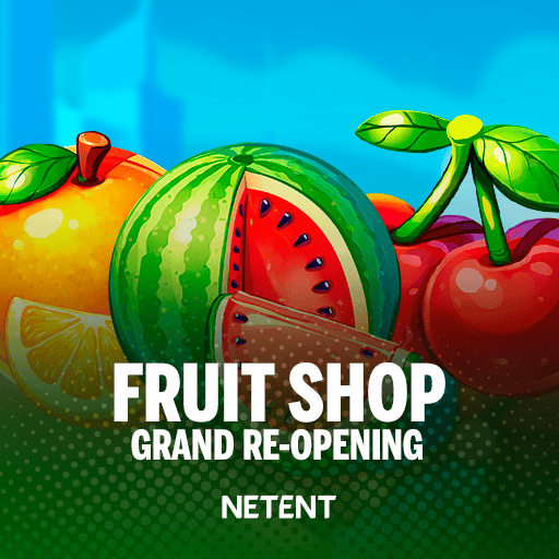 Arte oficial de la tragamonedas Fruit Shop Grand Re-Opening de NetEnt, con fachada de tienda de frutas colorida y toldos a rayas