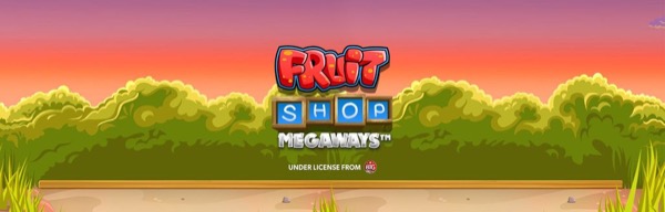 Arte oficial de la tragamonedas Fruit Shop Megaways de NetEnt, con frutas clásicas de frutería y efecto de carretes dinámicos