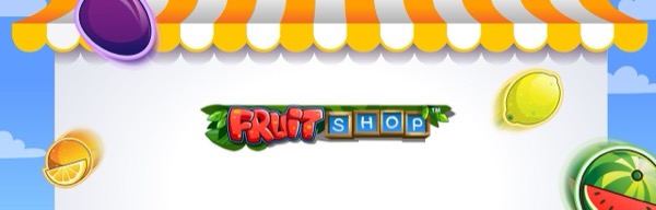 Arte oficial de la tragamonedas Fruit Shop de NetEnt, con frutas coloridas en fachada de tienda