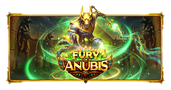 Arte oficial de la tragamonedas Fury of Anubis de Pragmatic Play, con pilares egipcios ornamentados y el dios Anubis
