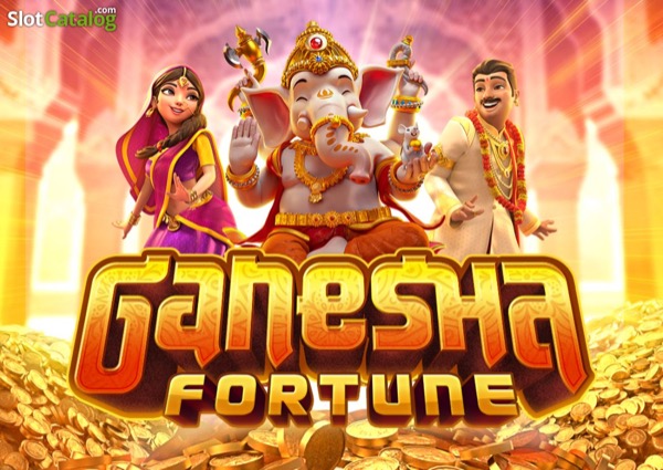 Pantalla de la tragamonedas Ganesha Fortune de PG Soft, con el dios Ganesha, vacas sagradas y símbolos de la mitología hindú