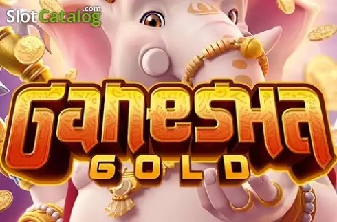 Arte oficial de la tragamonedas Ganesha Gold de PG Soft, con el dios Ganesha dorado rodeado de ornamentos hindúes