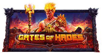 Arte oficial de la tragamonedas Gates of Hades de Pragmatic Play, mostrando el inframundo griego con símbolos de multiplicador Wild sobre la cuadrícula 6x6