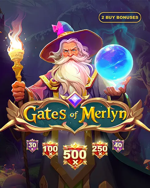 Pantalla de la tragamonedas Gates of Merlyn de SmartSoft Gaming, con runas mágicas y el portal del mago Merlín